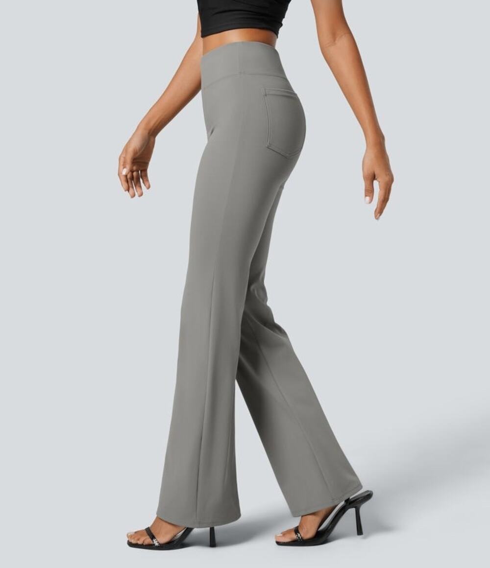 Halara Flex High Waisted Back Side Pocket Slight Flare Work Pants in Gray XS